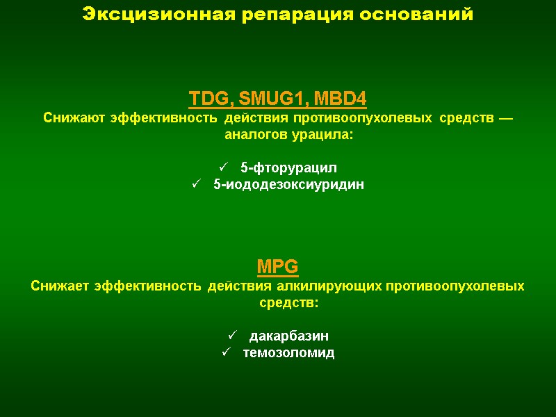 MPG Снижает эффективность действия алкилирующих противоопухолевых средств:  дакарбазин темозоломид Эксцизионная репарация оснований TDG,
